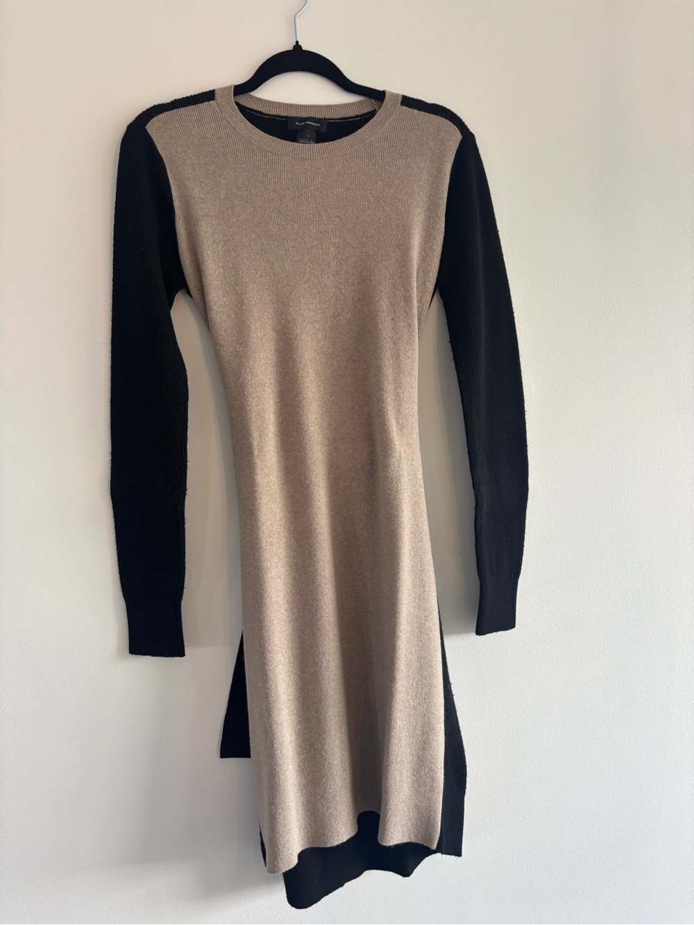 Club Monaco Two-Tone Beige and Black Long Sleeve Knit Dress